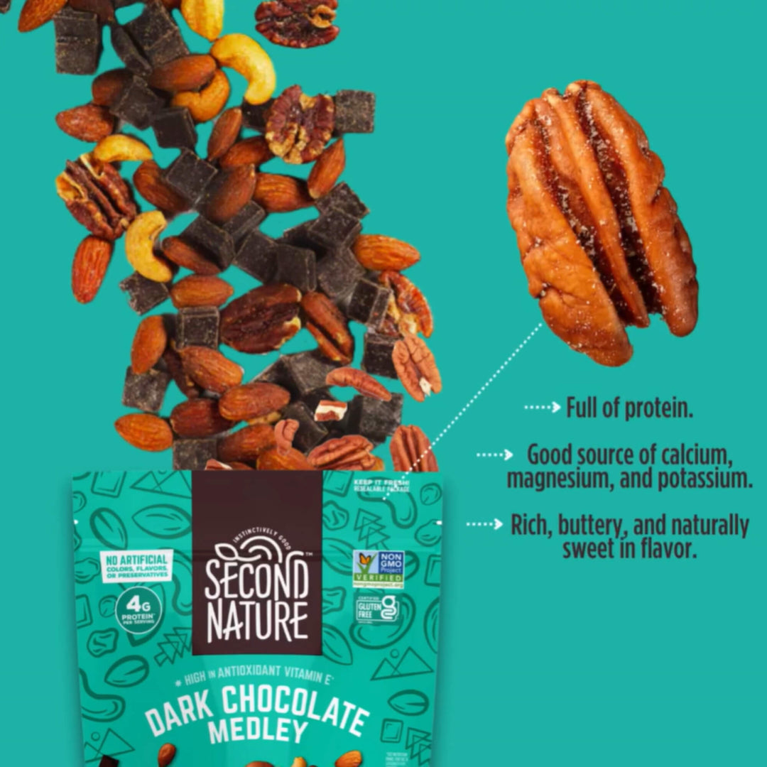 Dark Chocolate Medley - 26 oz.; Full of protein; Good source of calcium, magnesium, and potassium; Rich, buttery, and naturally sweet in flavor.